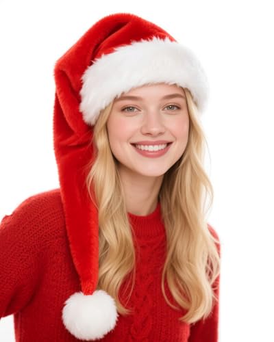 Hikkcos Christmas Long Santa Hat for Adults Xmas Red Santa Hats for Adults Keep Warm Winter New Year Costume