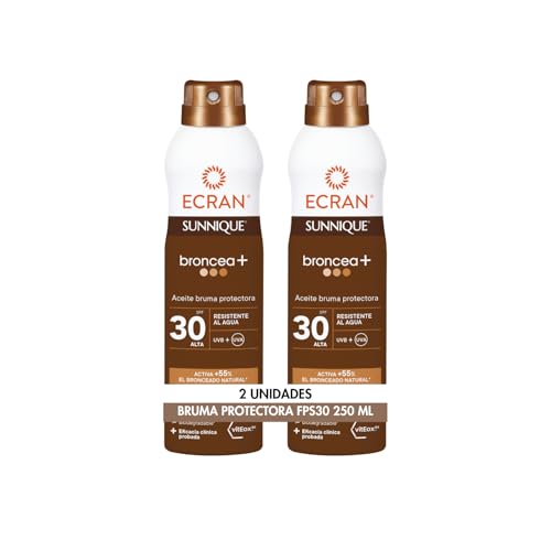 Ecran Sunnique - Bruma Aceite Protector FPS 30, Protección UVB + UVA e IR-A, Resistente al Agua, Con Tecnología Pure Bronze y VitEox 80, Activa el Bronceado Natural, Sin Autobronceador - 2 x 250 ml