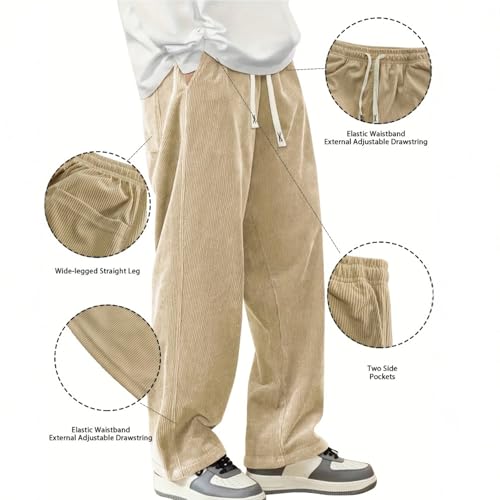 Mokaloha Corduroy Pants, Men's Vintage Casual Embroidery Logo Tether Drawstring Loose Elastic Waist Pocket Trousers3