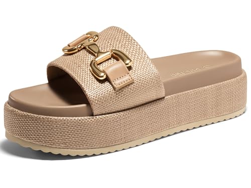 Image of Coutgo Womens Platform Sandals Raffia Espadrilles Metal Chain Slip on Open Toe Cute Beach Slide Sandals