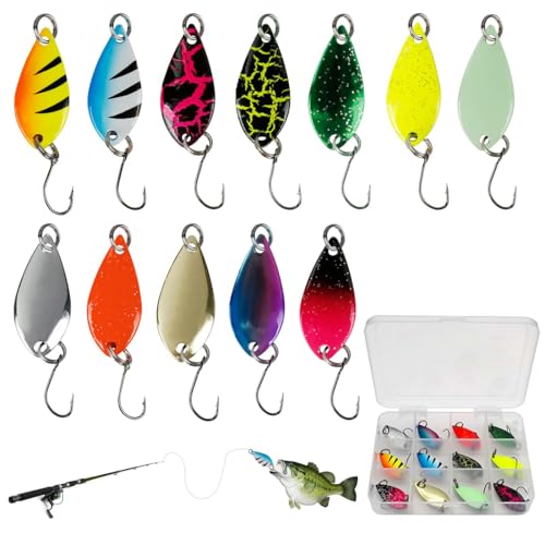 RAXLUPO 12 Hojas Cucharillas Pesca Trucha Señuelos Pesca para Trucha Colores Múltiples Señuelos de Trucha Cucharillas de Pesca Kit con Caja de Plástico para Pesca de Charca Perca Spinning Lucio