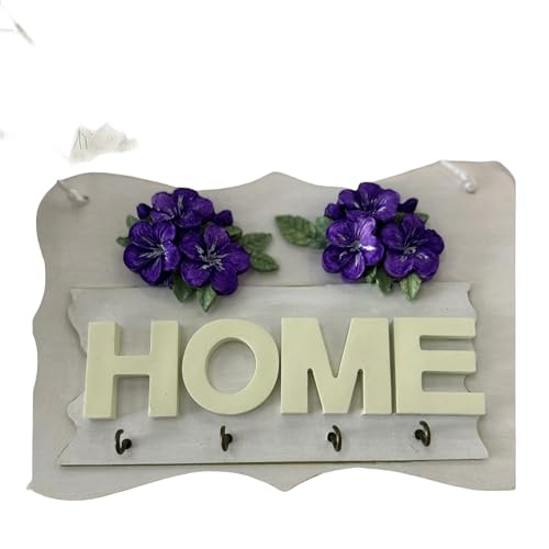 Genérico Decorativo Porta Llaves de Madera con Letras HOME, Flores de Resina Mineral Púrpura, Estilo Rústico, Hecho a Mano
