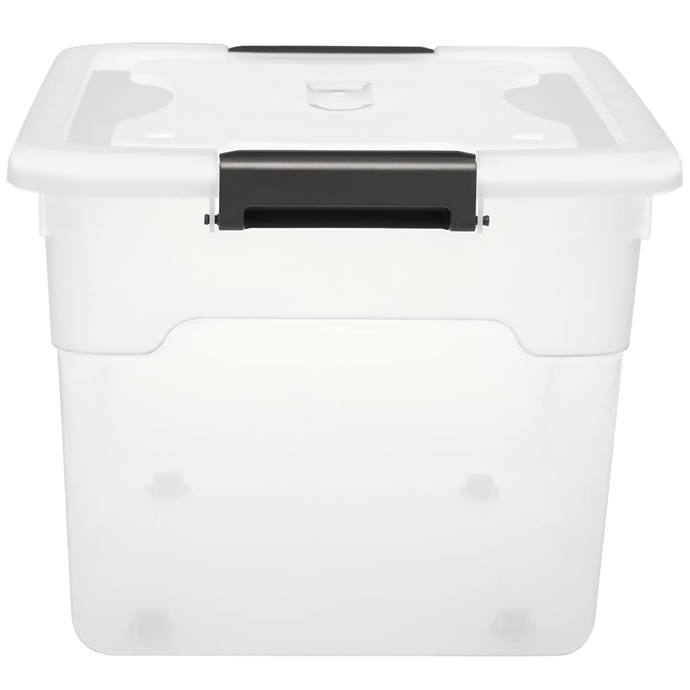 BAKAJI Juego de 4 contenedores con tapa para ropa de plástico con ruedas, portaobjetos apilables para almacenamiento de ropa, cajas para armario, juguetes, libros, ahorra espacio (4 x 45 l alto)