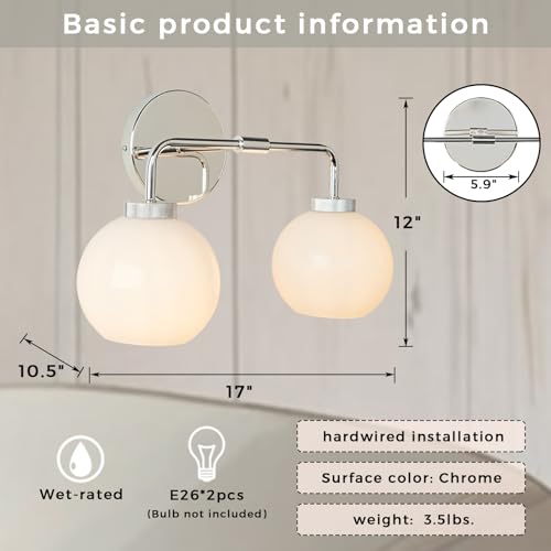 Image of 17 Inch Modern Glass Globe Double Sconce, Polished Chrome Metal Finish Wall Light for Bedroom, Hand-Polished Milky Glass Vanity Light Over Mirror, Elegant Light Fixtures for Indoor