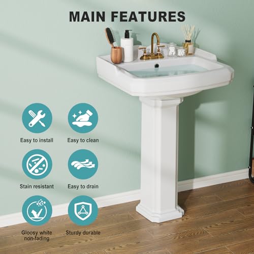 Bathroom Pedestal Sink, 26 Inch x 22 Inch Rectangular Ceramic Basin with 3 Faucet Holes (4 Inch Centerset), Ideal for Family Bathrooms