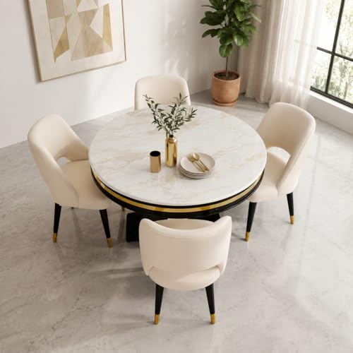 Image of RK Deck Wooden Round Dining Table Set of 4 | Luxury Marble-Effect Sunmica Top | Modern 4 Seater Dining Table with Velvet Upholstered Chairs | Sheesham Wood Legs | Dining Set for Dining Room