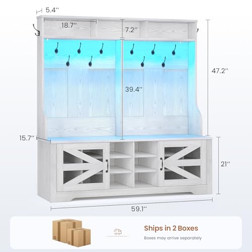 Itaar Hall Tree with Bench and Shoe Storage, 5-in-1 Entryway Bench with Coat Rack, 16 Shoe Cubbies & 12 Coat Hooks, Barn Door & Adjustable Shelf (Embossed White)