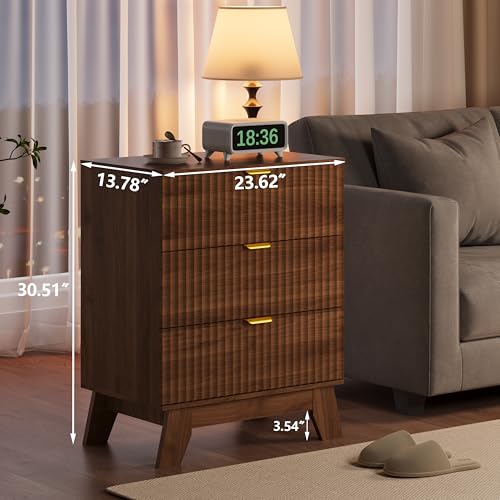 Image of Fluted Nightstand Sets of 2 with 3 Large Drawers, Wooden Side End Table with Elevated Legs for Easy Cleaning, Sturdy Modern Beside Table for Small Space, Bedroom, Walnut, 24 inch L