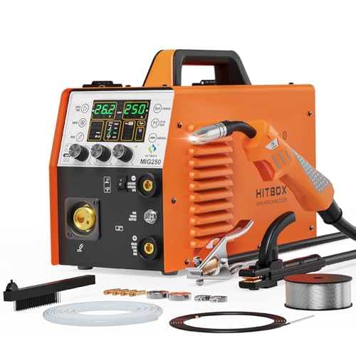 HITBOX Soldadora MIG 250A 230V 6 en 1 Sin Gas/Gas, Máquina de Soldar Inverter IGBT Multiproceso MIG TIG ARC con Pantalla LED Digital, Compatible con Aluminio y Hilo con Núcleo Fundente (MIG250)