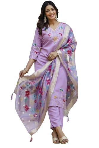 Image of VredeVogel Women's Beads Embroidered Silk Blend Kurta Pant Set with Organza Dupatta | Perfect for Festive & Casual Ethnic Kurta Set for Women