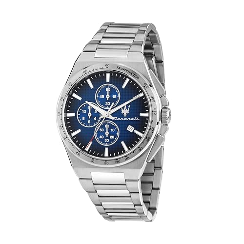 Maserati Reloj de hombre, cronógrafo, analógico, 41 mm, colección VELOCIDAD SLIM, regalo para hombre, Plata/azul, One size, Pulsera