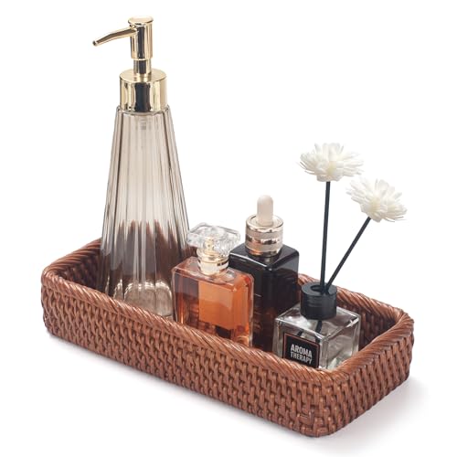 Rattan Badezimmer Eitelkeit Tabletts Toilettenbehälter Korb Aufbewahrung Lange Schmale Handtuch Aufbewahrungskorb für Lagerung, Dekorativ (Honigbraun 26 x 12.5 x 4cm)