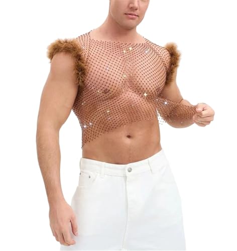 Camiseta de malla para hombre sin mangas negra translúcida con brillo