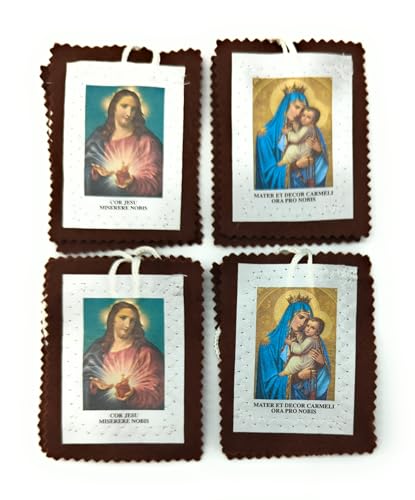 OVUNQUE PROTEGGIMI Escapulario Nuestra Señora del Carmelo y Sagrado Corazón de Jesús. Tamaño grande. Tejido suave. Juego de 4 piezas. 9,5 cm de largo x 7,5 cm de ancho