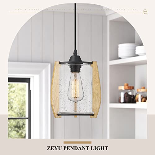 Image of zeyu Farmhouse Wood Pendant Light, 1-Light Rustic Wooden Hanging Light with Seeded Glass Shade, Black Finish, ZSL67MIL BK+WD