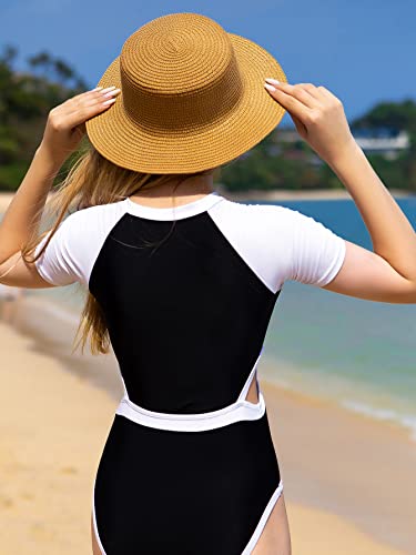 Milumia Girl's Cut Out Zip Front Onepiece Swimsuit Color Block Short Sleeve Bathing Suit4