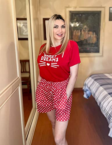 Uniexcosm Schlafanzug Damen Kurz Baumwolle Zweiteiliger Pyjama Set Kurzarm Nachtwäsche Wimperndruck Sleepwear Hausanzug Loungewear Stil 1:Rot XXL 4