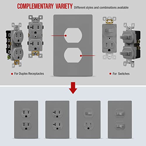 Image of ENERLITES SI8821-GY Duplex Outlet Receptacle Cover, Screwless Wall Plate, Standard Size, 1-Gang 4.68 inch x 2.93 inch, Unbreakable Polycarbonate Thermoplastic, UL Listed, SI8821-GY-10PCS, Gray, 10 Pack