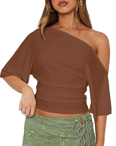 LCNBA Women's Off The Shoulder Short Sleeve Tops Summer Trendy Going Out Y2k T Shirts Brown X-Small