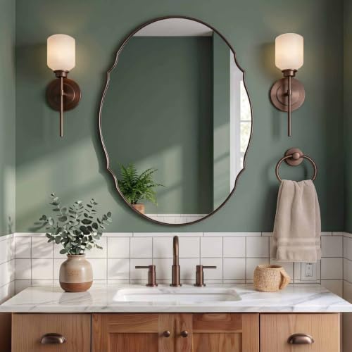 Image of ANDY STAR 30x40 Large Brushed Bronze Scalloped Oval Bathroom Vanity Mirror