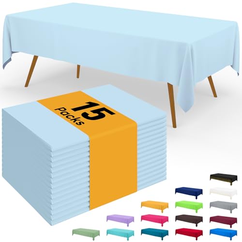 Image of Smiry Disposable Table Cloth - 15 Pack, 54 x 108 Inch Waterproof Rectangle Tablecloths for Parties, Decorative Plastic Table Cover, Leakproof & Sturdy, Baby Blue
