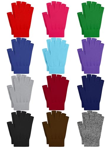 URATOT 12 Pairs Winter Half Finger Gloves - Unisex Fingerless Knit Solid Typing Warm Stretchy Gloves...
