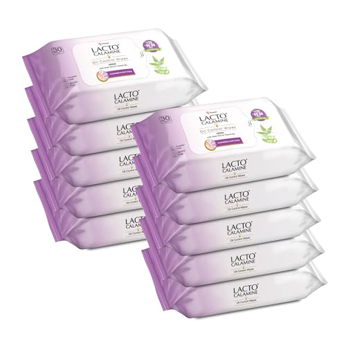 Image of Lacto Calamine Oil Control Face Wipes 30N each- Pack of 10 | Makeup Remover Wipes | Wet Tissue for Face With Neem, Aloe Vera & Niacinamide | Wet Wipes for Women & Men | Pararben & Alcohol Free