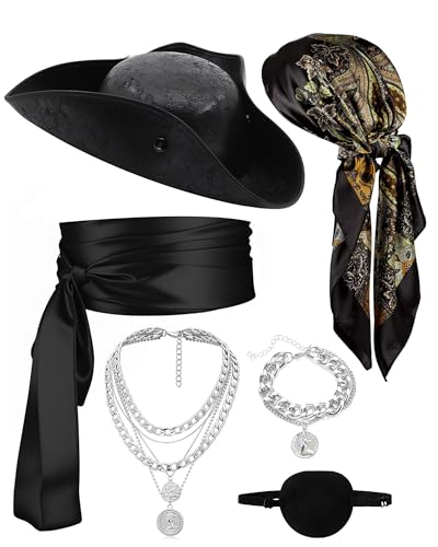 Bryndo 6 Pcs Pirate Costume Accessories Set for Women Men Pirate Fancy Dress with Hat Bandana Head Scarf Sash Eye Patch Belt Necklace Bracelet for Cosplay Party (Black)