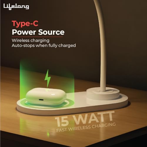 Image of Lifelong LED Study Lamp with Wireless Charging for Phone, AirPods| Touch Control Table Lamp with 3 Light Modes | Eye-Caring Study Lamp with Flexible Gooseneck|LED Desk Light for Home, Office & Bedroom