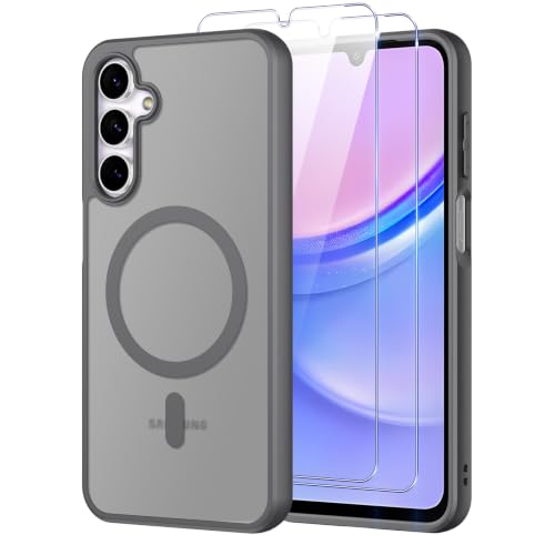 Pnakqil Coque pour Samsung Galaxy A15 5G/4G Compatible avec MagSafe,Givré Translucide Magnétique Housse mit 2 Verre Trempé,Antichoc Anti-Rayures Anti-Jaune Mat Rigide Étui Case,Gris