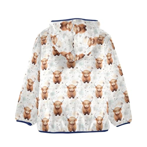 Cute Highland Cow Pattern Boys Fleece Coat,Children's Zip-Up Hoodie Jacket,Baby Warm Fashion Outerwear 3-10T,A1133212