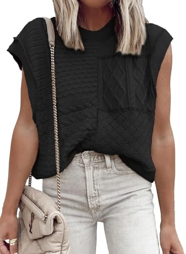 Image of EVALESS Womens Short Sleeve Sweater Summer Fall 2025 Round Neck Crochet Pullover Cap Sleeve Knit Oversized Sweater Vest Tops