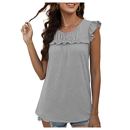 OFEEFAN Tunic Tops for Women Loose Fit Sleeveless Loose Ruffle High Neck Tanks Grey L