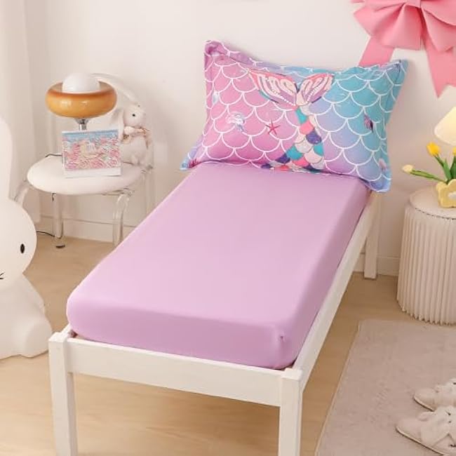 Mermaid Tail Toddler Bedding Set Crib Bedding Set for Girls 4 Pieces with Toddler Comforter, Toddler Bed Sheets, Pillowcase, Purple Blue Gradient