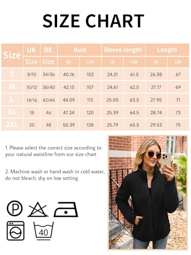 Nilimoph Womens Fleece Jumper Teddy Fleece Jacket Sweatshirts Casual Jumpers Top Fuzzy Full Zip Up Long Sleeve Stand Collar Cozy Coat Tops with Pockets (Z Black, M)