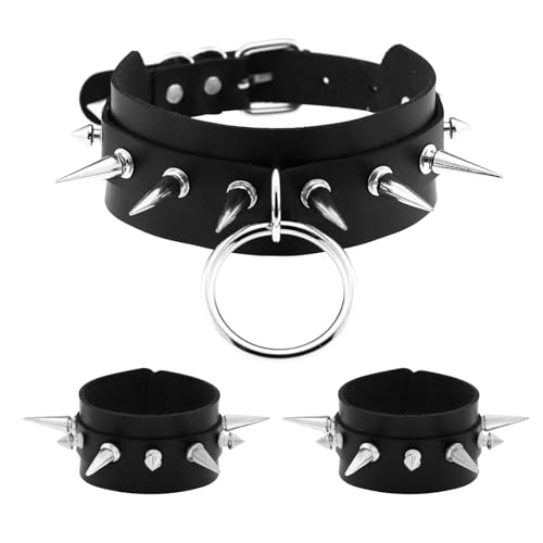 Edgy Punk Style Spiked Leather Choker and Bracelets Set Adjustable Gothic Collar with Matching Wristbands Vintage Jewelry Gift