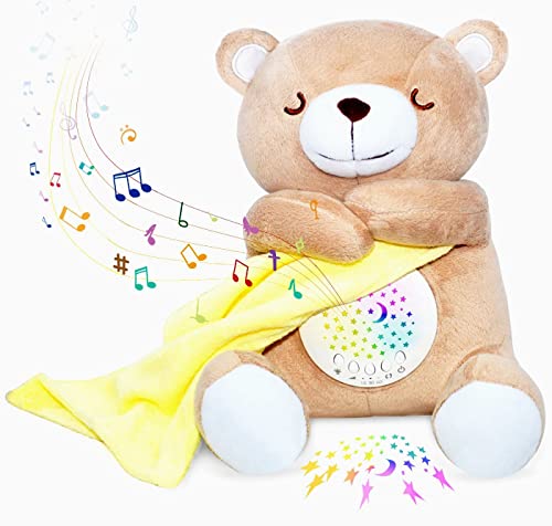 Baby Sleep Soother, Cry Activated Sensor Teddy Bear Lullabies & Shusher White Noise Machine, Nursery Toddler Star Night Light Projection Sleep Aid, Unique Baby Girl, Baby boy and New Baby Gifts