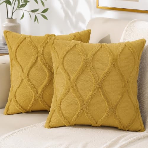 decorUhome Fall Faux Fur Mustard Yellow Throw Pillow Covers 22x22 Set of 2