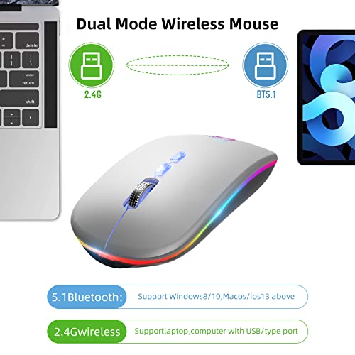 Hotlife Led Wireless Mouse, Slim Rechargeable Silent Bluetooth Mouse, Portable Usb Optical 2.4G Wireless Bluetooth Two Mode Computer Mice With Usb Receiver And Type C Adapter(Silver) #TOP3