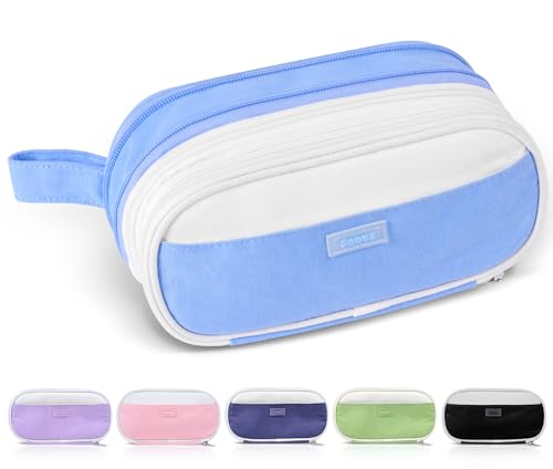 Sooez Large Pencil Case, Expandable Pencil Bag with 5 Compartments, Big Capacity Canvas Pencil Pouch Organizer with Zipper, Portable Stationery Pen Bag, Cute Aesthetic School Supplies For Teen Girls