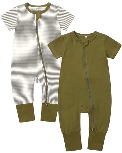 Image of Baby Boy Girl Infant Rompers Short Sleeve Cotton Zipper Footless Summer | 2 pack soft romper, breathable, solid outfits, one piece jumpsuits clothes