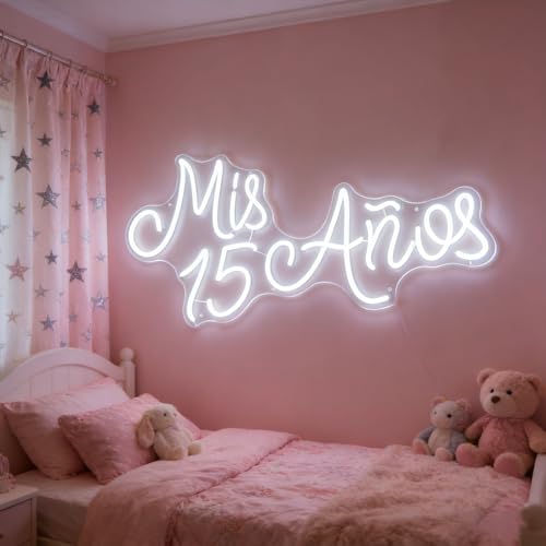 Image of Mis 15 Anos Neon Light Custom 15th Birthday Party Led Neon Light Signs Decor, Mis Quince Party Wall Decor, Sweet 15 Quinceanera Party Sign Gifts - for Her. Size:19.5x10inch- USB Powered (White)