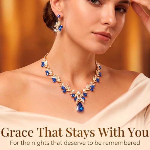 Brishow Jewelry Set for Women Blue Rhinestone Necklace Earrings Set Gold Leaf Statement Jewelry for Prom Formal Events by Brishow - Image 6