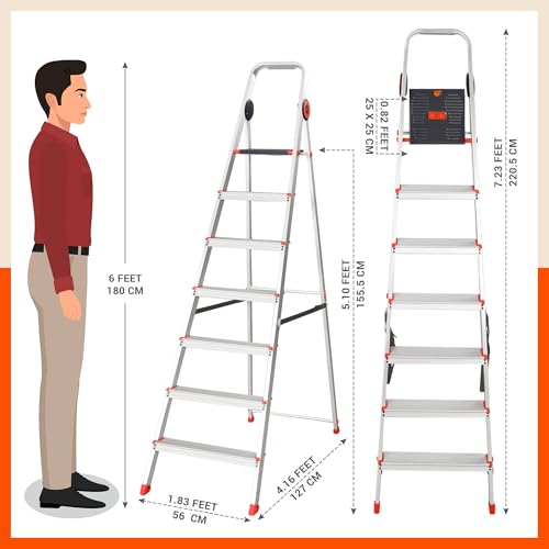 Image of Bathla Advance Pro 7-Step Foldable Aluminium Ladder for Home | Heavy-Duty & Anti-Slip Steps with Sure-Hinge Technology | 7-Year Manufacturer Warranty | Orange
