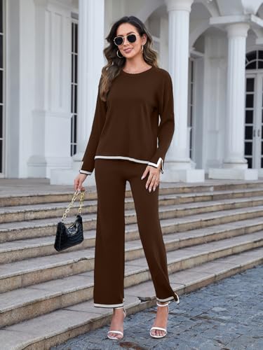 Womens 2 Piece Outfits Long Sleeve Knit Sweater Sets Knit Pullover Tops Wide Leg Pants Lounge Sets Tracksuits3