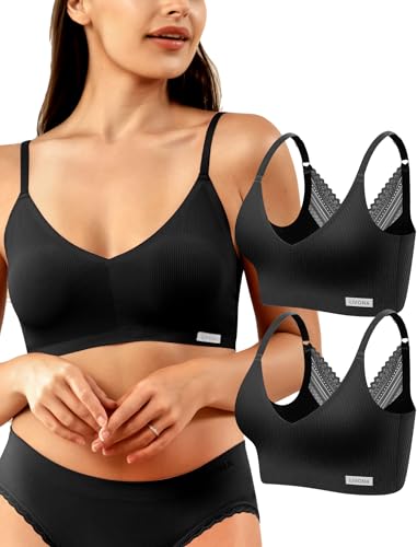 Image of Livona Lace Bralette for Women - Comfort Sports Bra Wireless Padded Bralette with Support Workout Tops Cami Crop S-XXL