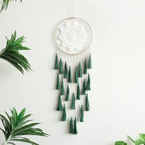 Artilady Macrame Dream Catchers for Bedroom – Tassel Wall Hanging Handmade Dreamcatchers Home Decor with Tassel Feather Ornament Craft Blessing Gift (Dark Green)