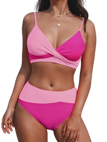 Image of CUPSHE Women's Bikini Sets Two Piece Swimsuit High Waisted V Neck Twist Front Adjustable Spaghetti Straps Bathing Suit