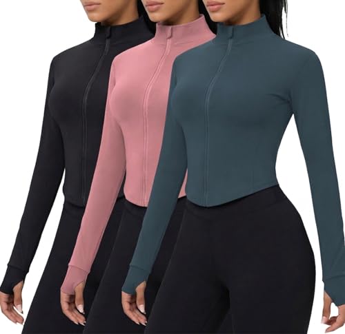 Dalavch 3 Pack Womens Cropped Full Zip up Workout Jacket Slim Fit Running Athletic Gym Yoga Sports...