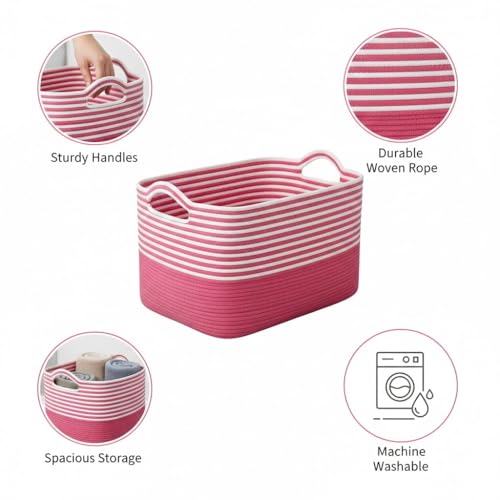 Image of Large Storage Basket, Woven Blanket Basket, Toy Basket with Handle, Laundry Hamper for Living Room, Nursery, Bedroom- 20x15x12 (LXWXH) (pink mix)